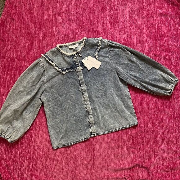 Something Navy Chambray Ruffle Shirt Blue Size XXL - Picture 11 of 12